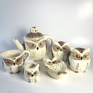 Enesco Owl Kitchen Set Teapot Creamer Toothpick Holder Sugar Bowl + Vintage